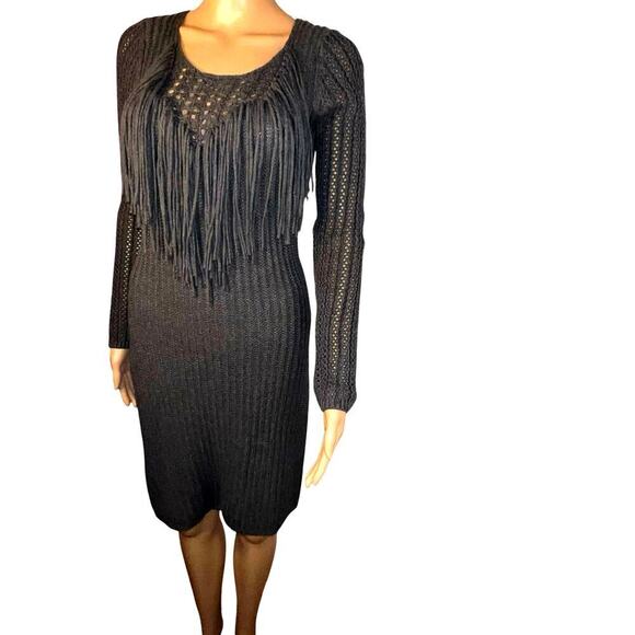 Moda women’s size small fringe neckline open knit sleeve sweater rib dress
 - Picture 1 of 11
